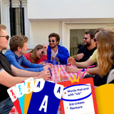 Several friends playing the Crack List card game with the list of words ending in "ick"