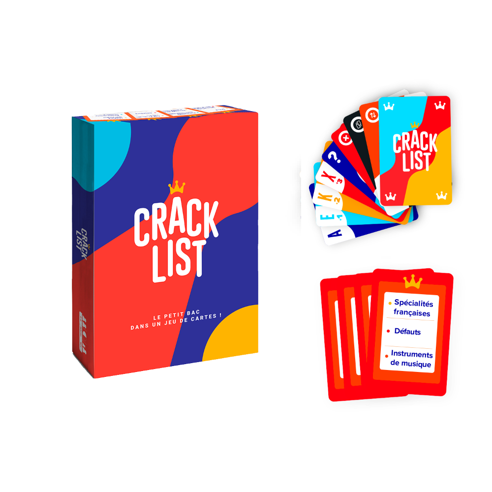 Présentation de la boite de jeu Crack List avec les cartes actions et les listes