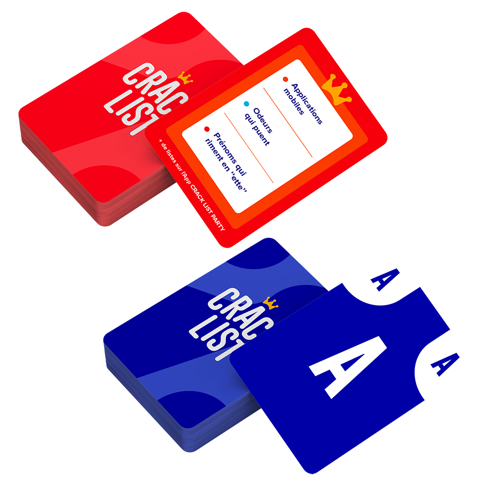 Deux paquets de cartes de couleur rouge et bleus du jeu de société Crack List