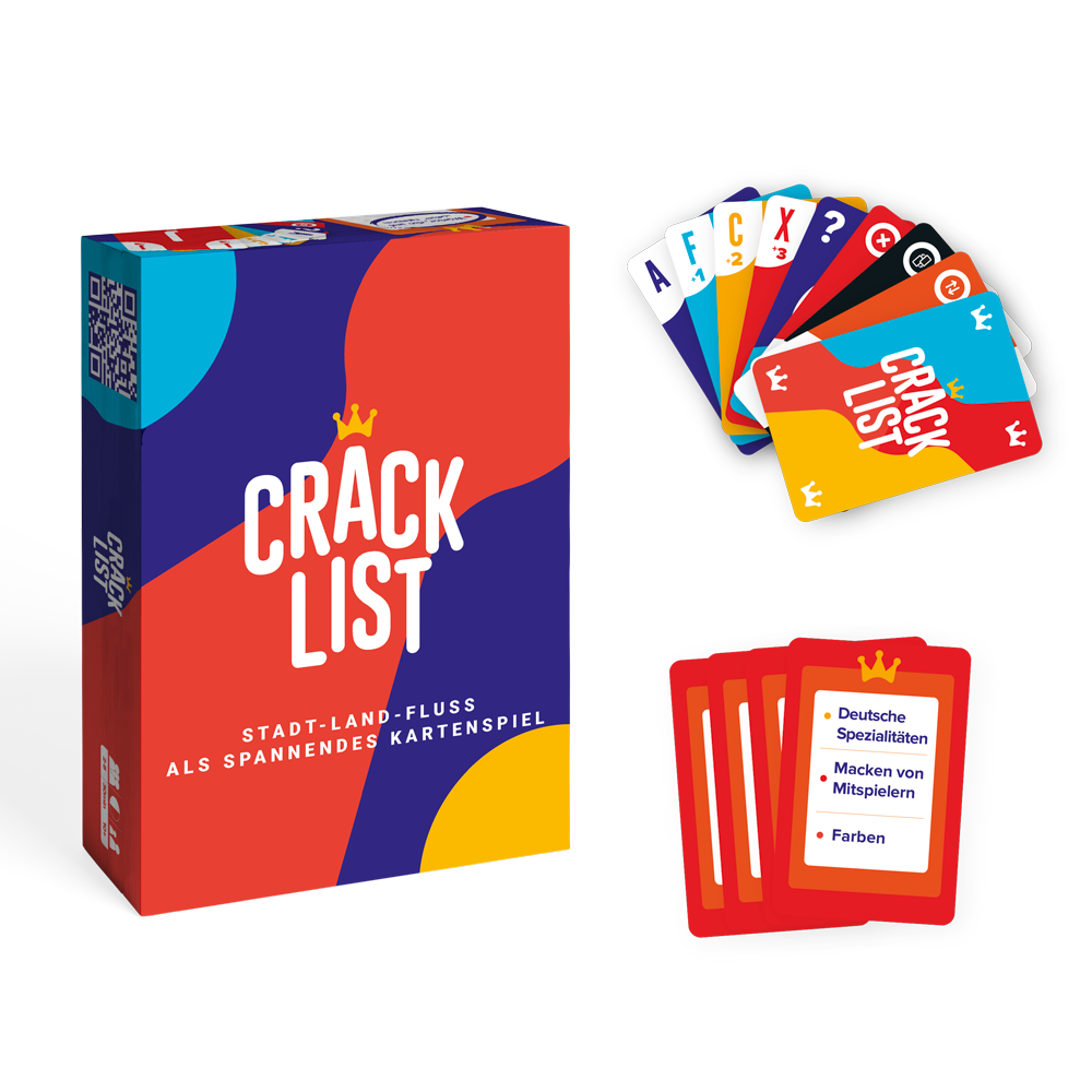 Übersicht über die Crack-List-Spielschachtel mit den Aktionskarten und Listen