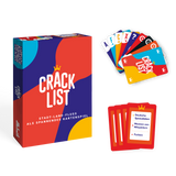 Übersicht über die Crack-List-Spielschachtel mit den Aktionskarten und Listen