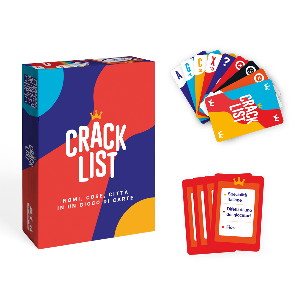 Scatola del gioco da tavolo Crack List con carte azione ed elenchi