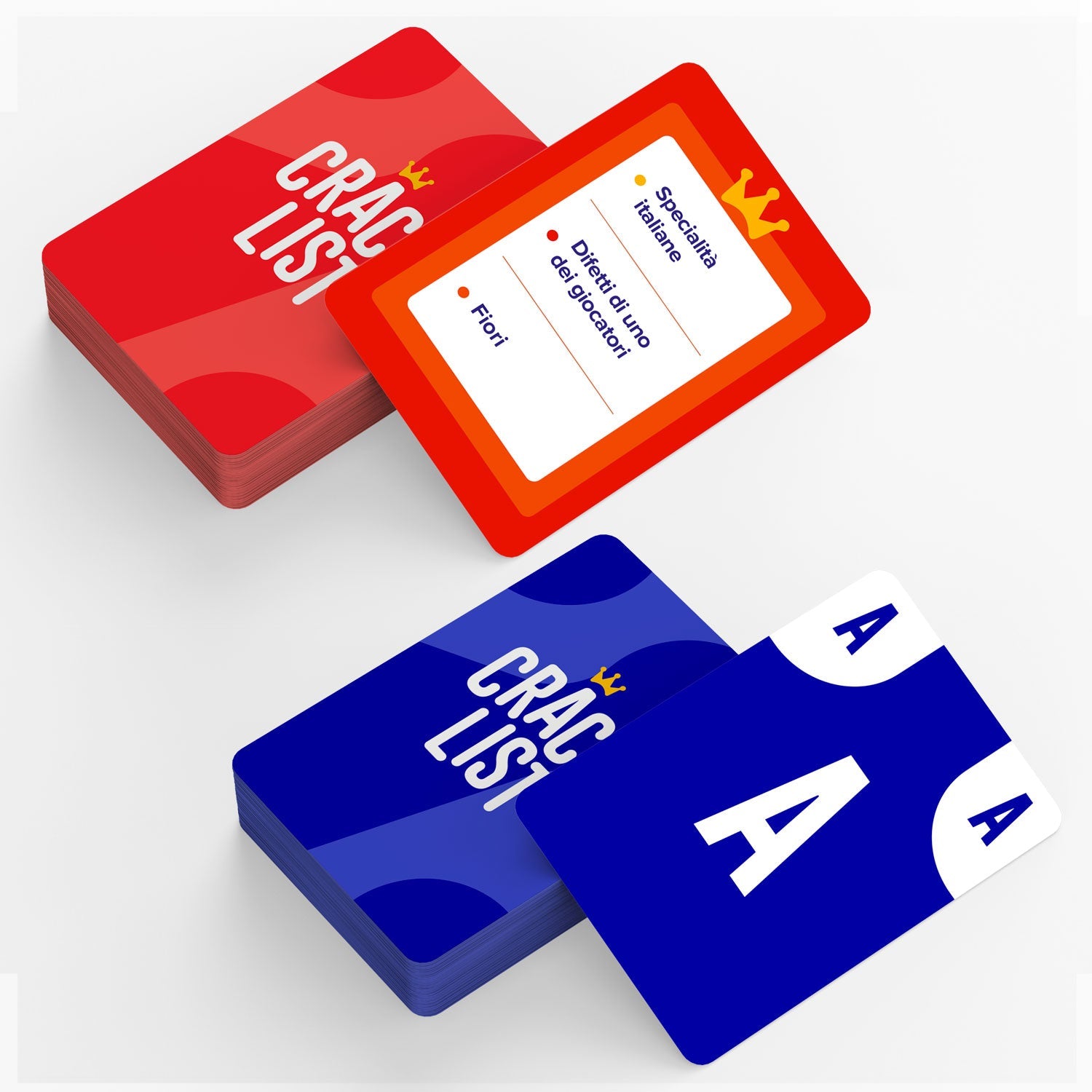 Due confezioni del gioco da tavolo Crack List nei colori rosso e blu